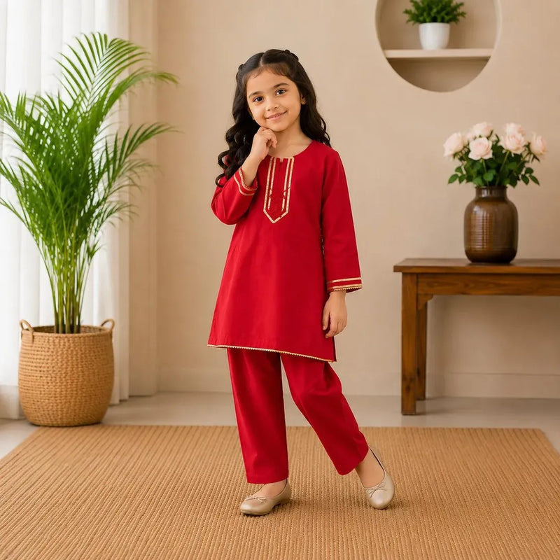 Girl's Classic Red Kurta & Trouser Set