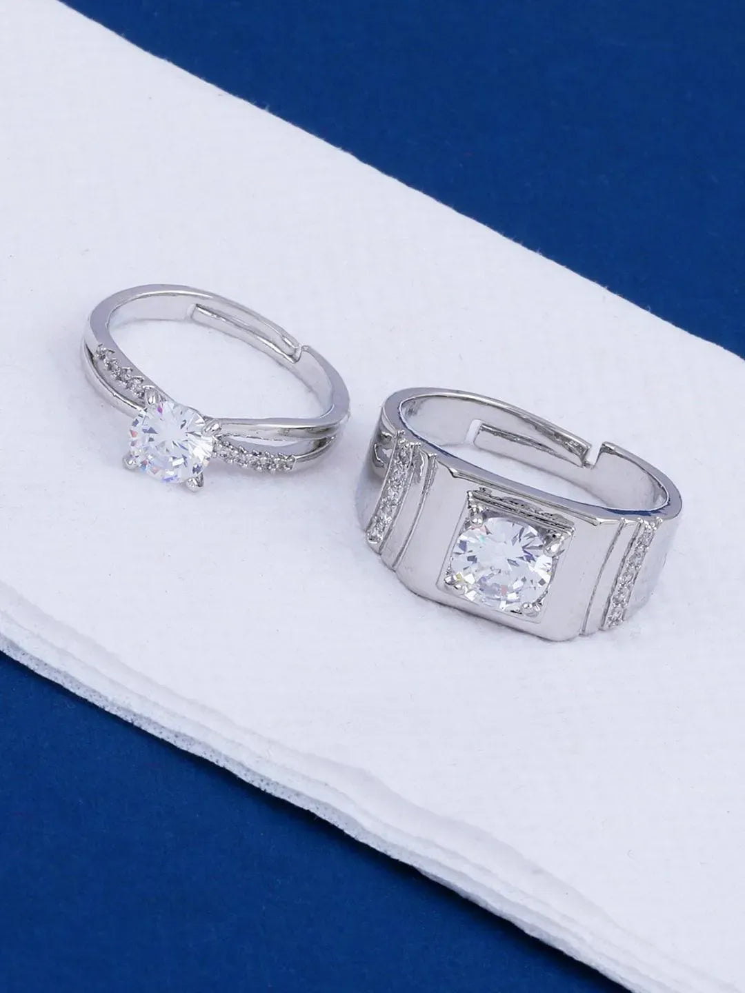 Silver Plated Crystal Couple Rings (Set of 2)