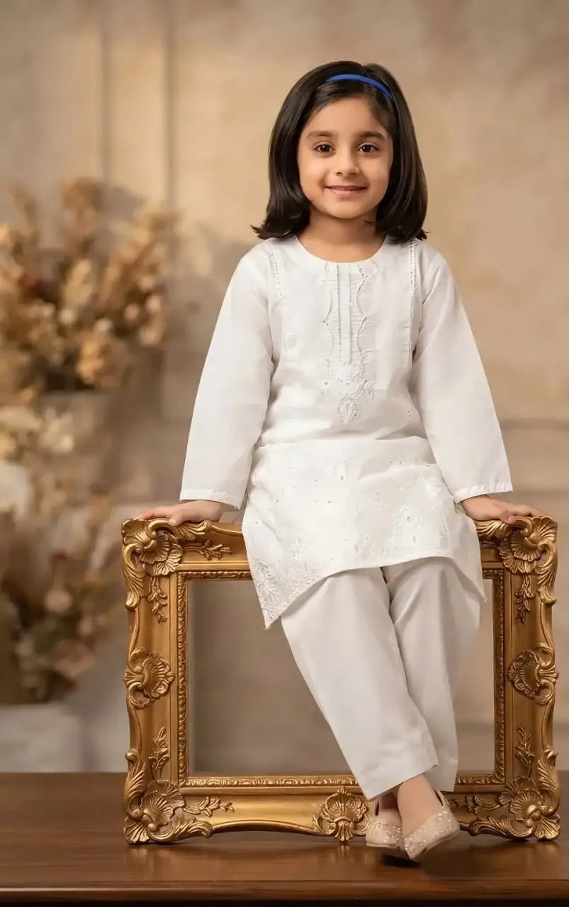 2 Pcs Girl's Cotton Embroidered Kurta And Pajama — JaanCi