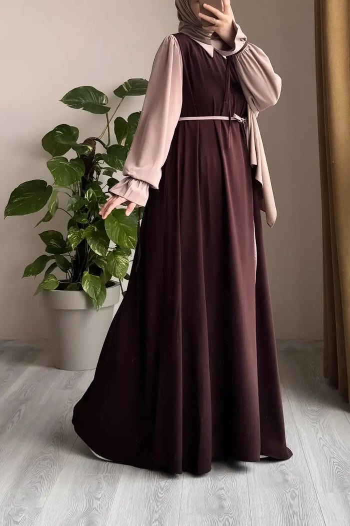 Collar Abaya with Belt and Matching Stroller, Wool Peach Fabric — shop at JaanCi