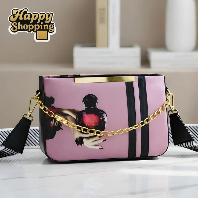 Pink Canvas Crossbody Bag with Gold Chain
