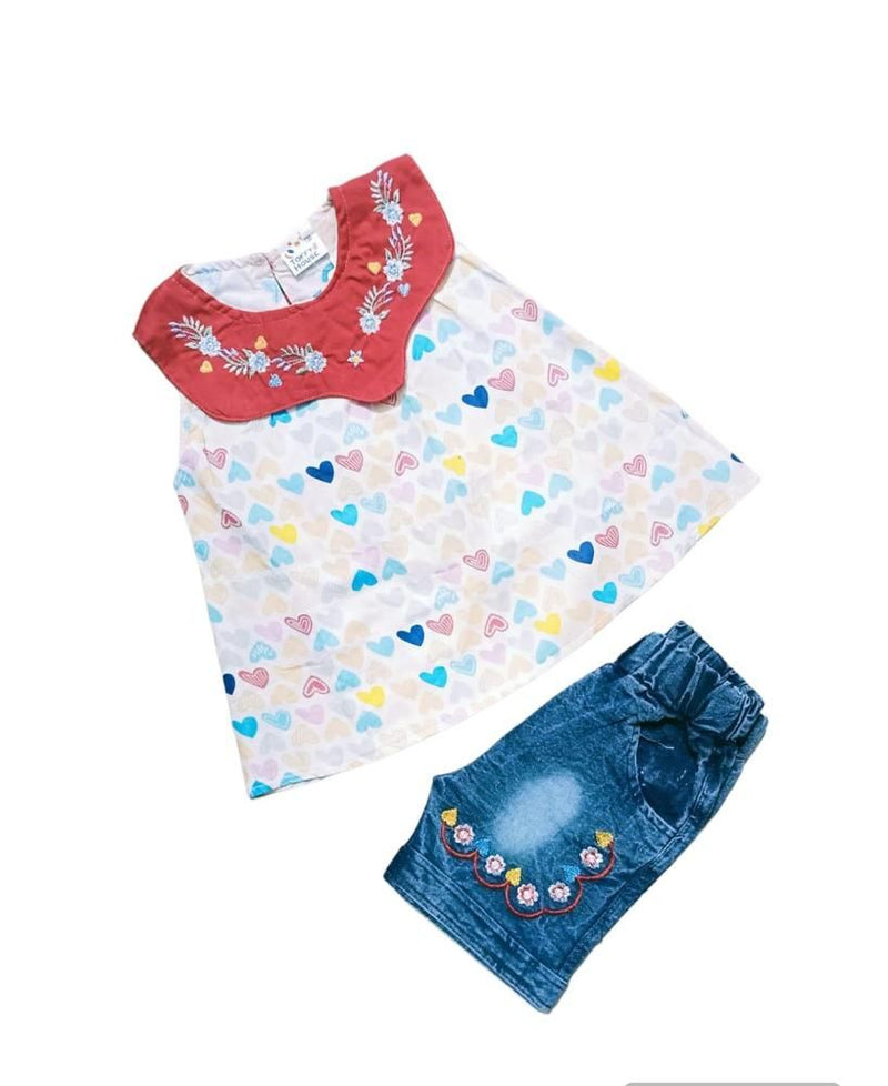 Cotton Heart Print Frock & Shorts Set (0-2M)