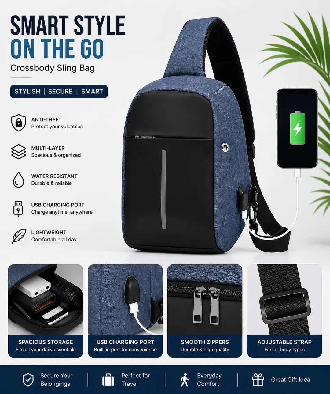 Smart Crossbody Bag with USB Charging & Anti-Theft Design — JaanCi