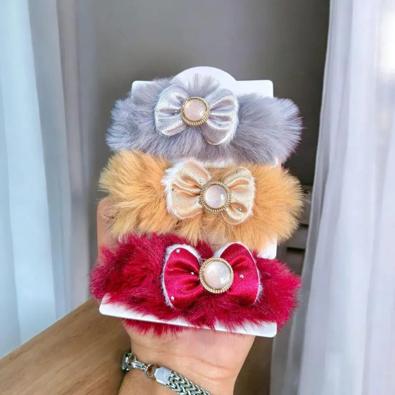 Faux Fur Hair Ties with Bow & Pearl (Set of 3)
