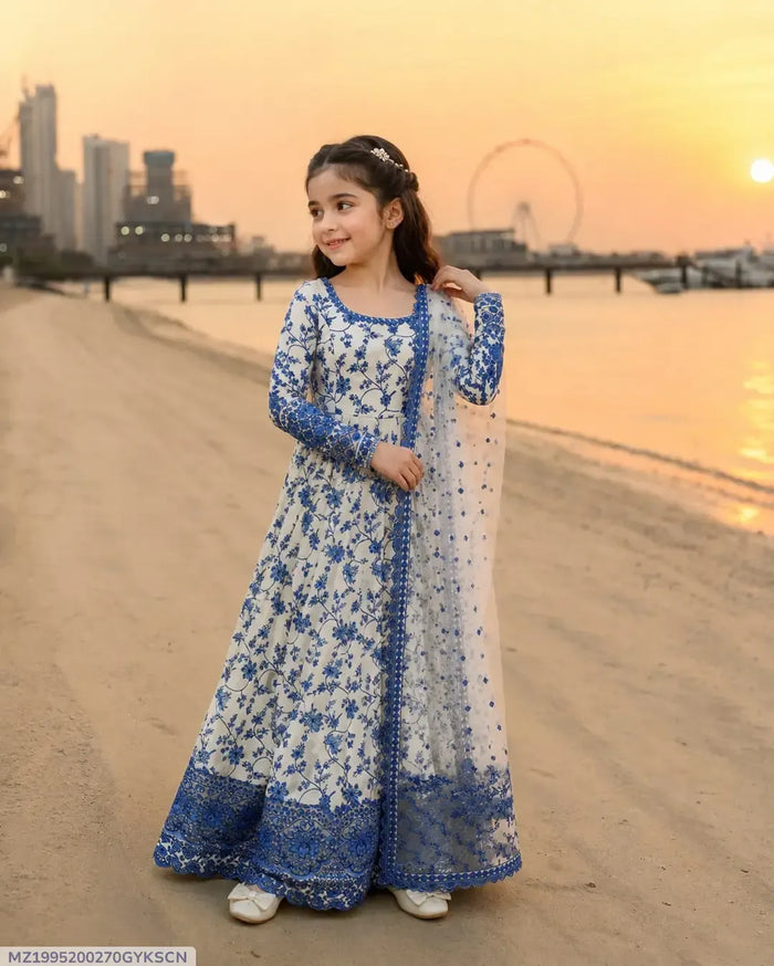 3 Pcs Girl's Lawn Printed Frock And Trouser Set — shop at JaanCi